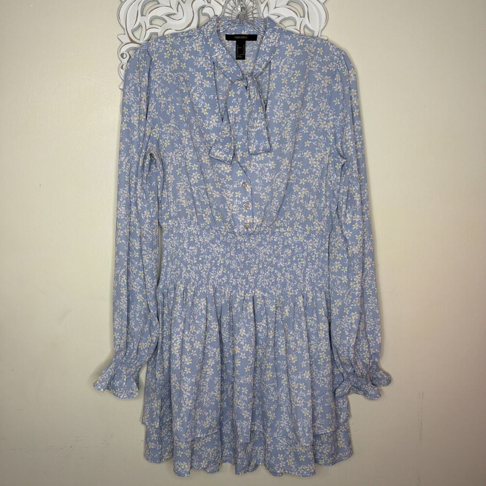 FOREVER 21 size Medium DRESS Button Front Neck Tie Long Sleeve Daisy Floral BLUE